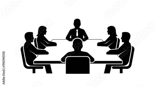 Business meeting with people sitting around a table in black silhouette