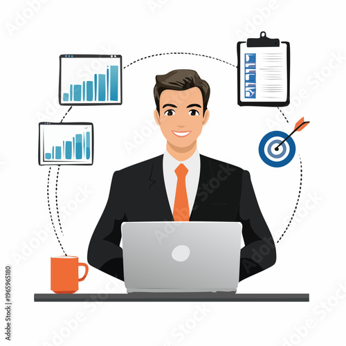 Businessman working at his desk with charts, reports, and a coffee cup during daytime to achieve goals and track progress