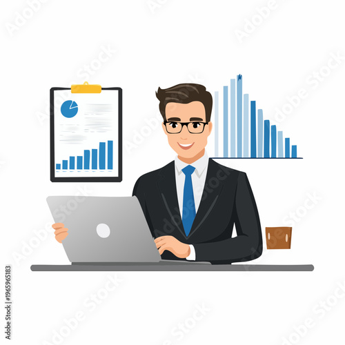 Business professional works on laptop while analyzing graphs and charts in a modern office setting during the daytime