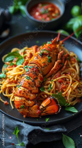 Italian pasta with grilled lobster tail and rich tomato sauce on black plate decorated with basil leaves