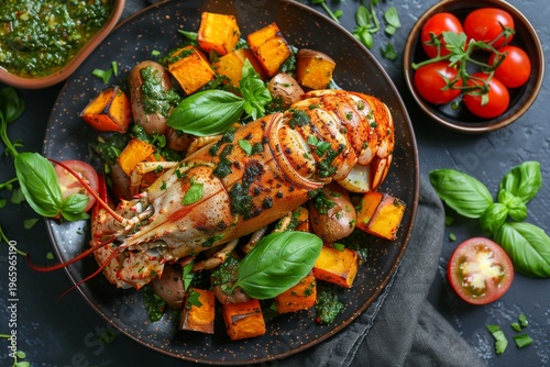 Grilled lobster tail served with roasted sweet potatoes and fresh basil on dark rustic ceramic plate food