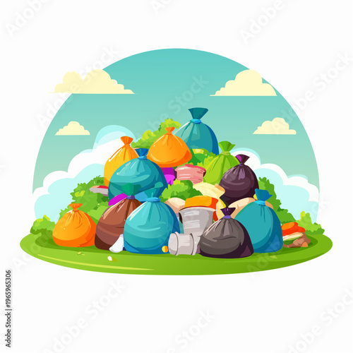 Garbage pile in a park with colorful bags on a sunny day surrounded by clouds and grass