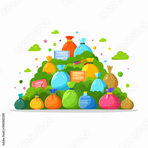 Piles of colorful trash bags on green grounds with scattered litter during the daytime in a busy urban area