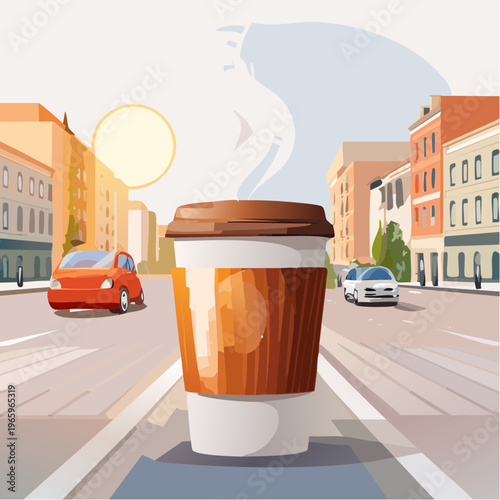 Coffee cup sits in the middle of a busy street in the city at sunset with cars driving by