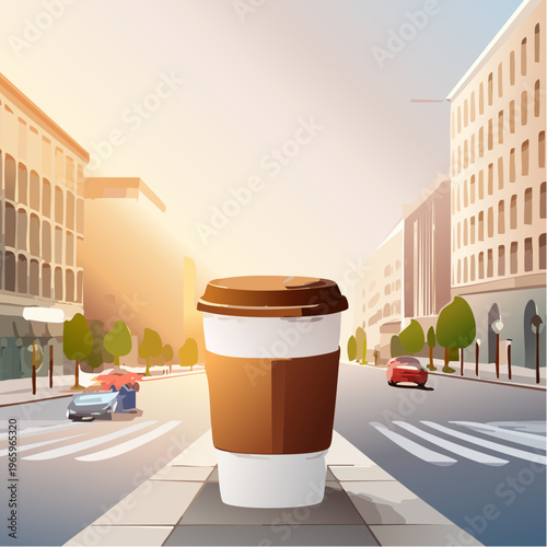City street scene with large coffee cup on road during sunrise with buildings and cars in background