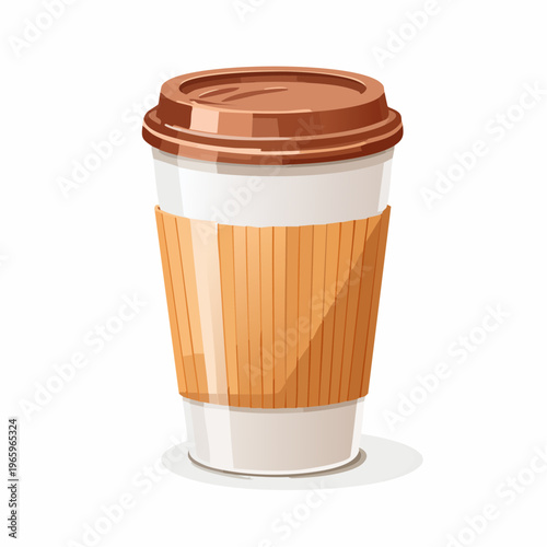 Coffee cup with a brown lid and a cardboard sleeve sits on a table at a local cafe during the morning hours