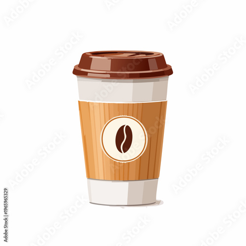 Cup of coffee with a brown lid and a coffee bean logo on a wooden background in a cafe setting during the afternoon
