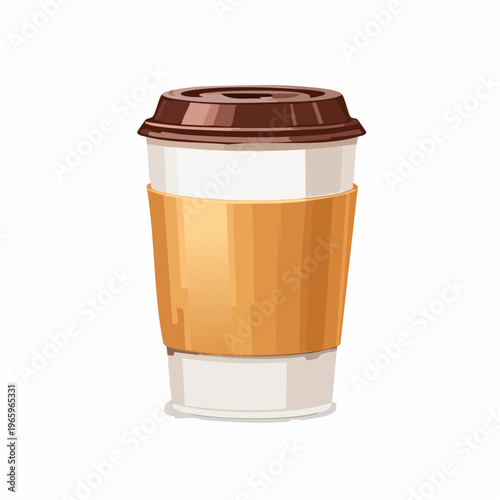 Coffee cup with lid and sleeve placed on a table during morning hours