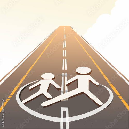 Traffic symbols for pedestrian crossing on an empty road with clear sky at sunset
