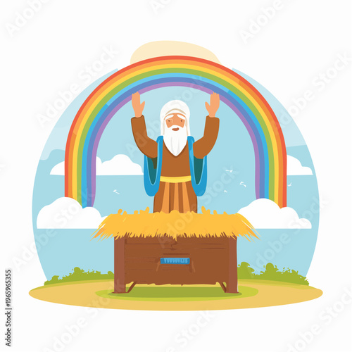 Colorful rainbow above a figure with arms raised near a wooden box in a green field on a sunny day