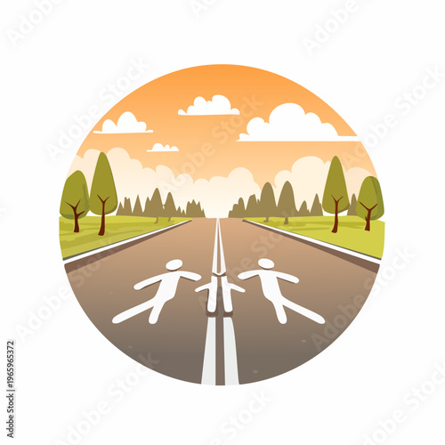 Road with people icons crossing in a park during sunset with trees along the sides