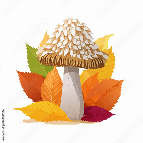 Mushroom surrounded by autumn leaves in a bright and colorful setting
