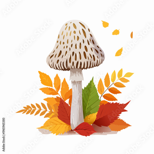 Mushroom grows among colorful autumn leaves in a natural setting during the fall season