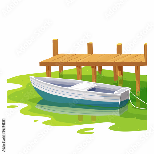 Boat is tied to a wooden dock near green water with a calm scene during daylight hours