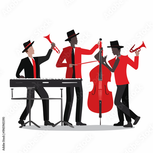 Musicians play instruments together at a lively music event in a city square during the evening hours