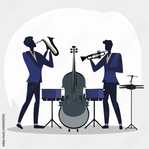 Musicians play instruments in a band during a music performance in a city setting at night