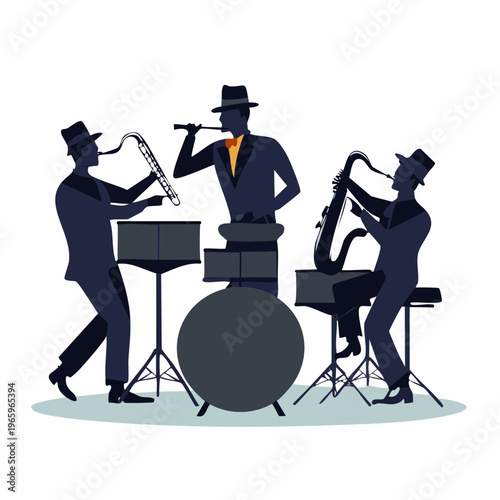 Jazz band plays music in a lively setting with musicians using instruments for a performance at evening hours