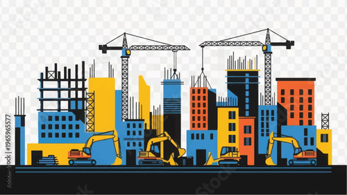 Retro Graphic Illustration of City Building Construction, Skyline Development, and Heavy Equipment