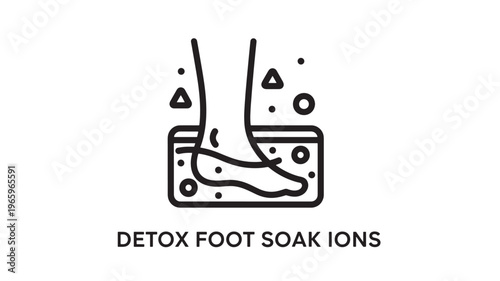 Minimalist black and white line art depicting a foot detox soak using ionic technology. Ideal for wellness, spa, alternative medicine, and health education materials.