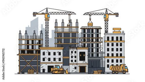 Hand-Drawn Construction Site Illustration. Urban City Development, Building Progress, Tower Cranes, and Heavy Machinery Sketch.