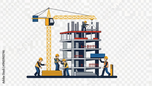 Building Construction Site Illustration with Crane and Workers. Modern City Real Estate Development Project.