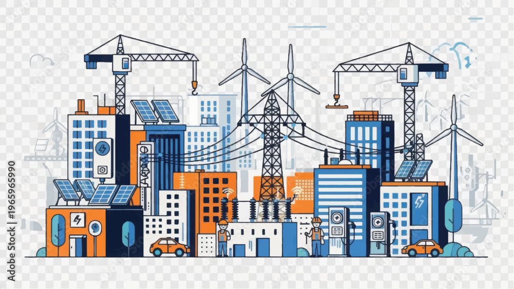 Obraz premium Smart City Development and Green Energy Infrastructure Illustration. Hand-Drawn Urban Sketch with Solar Panels, Wind Turbines, and Construction.