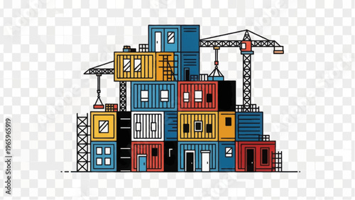 Modular Shipping Container Architecture Stack Illustration. Creative Urban Housing Construction Project with Cranes.