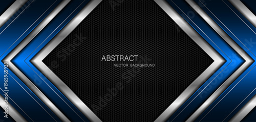 Abstract blue and silver polygons on dark steel mesh background. with free space for design. modern technology innovation concept background