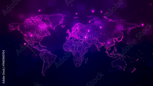 Glowing purple world map formed by connected dots and lines on dark background displaying global continents and network connections