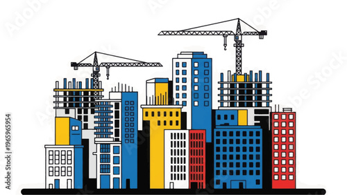 Urban Construction Doodle: Colorful Cityscape Illustration with Cranes and Buildings, Symbolizing Development and Growth
