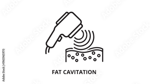 Minimalist black and white line art illustrating fat cavitation ultrasound treatment for non-invasive body contouring. Ideal for medical, wellness, and beauty industry marketing materials.