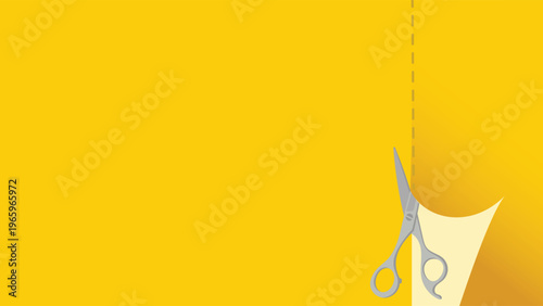 Scissors cutting bright yellow paper with hidden white background vector illustration for craft handmade and creative process concept