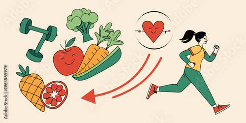 Healthy food and fitness leads to healthy heart and life. vector icon