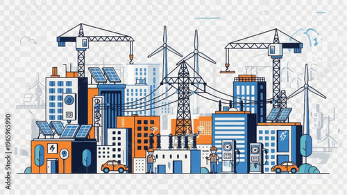 Smart City Development and Green Energy Infrastructure Illustration. Hand-Drawn Urban Sketch with Solar Panels, Wind Turbines, and Construction.