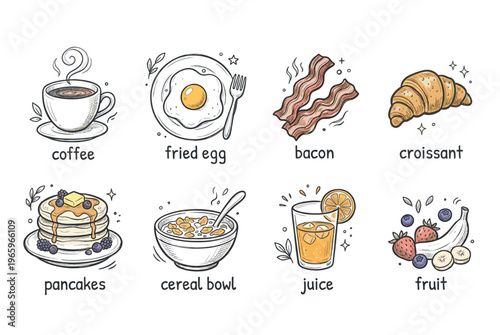 Hand drawn decorative icons breakfast . 
