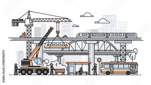 Urban Infrastructure Construction Sketch. Elevated Train Viaduct Development, Public Transport Modernization, and Civil Engineering Project Illustration.