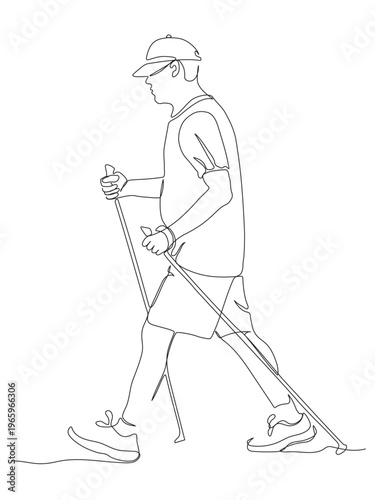 Elderly man at nordic walking activity. Continuous  line drawing. Black and white vector illustration in line art style. Editable stroke.