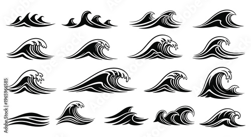 A collection of black wave designs in varying shapes and sizes presented as a striking silhouette high quality professional detailed modern