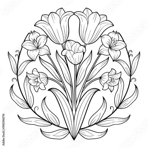 Elegant black and white line art illustration of a bouquet of spring flowers, featuring tulips and daffodils with long flowing leaves