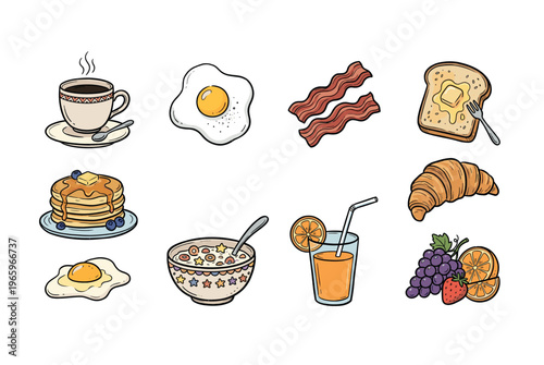 Hand drawn decorative icons breakfast . 
