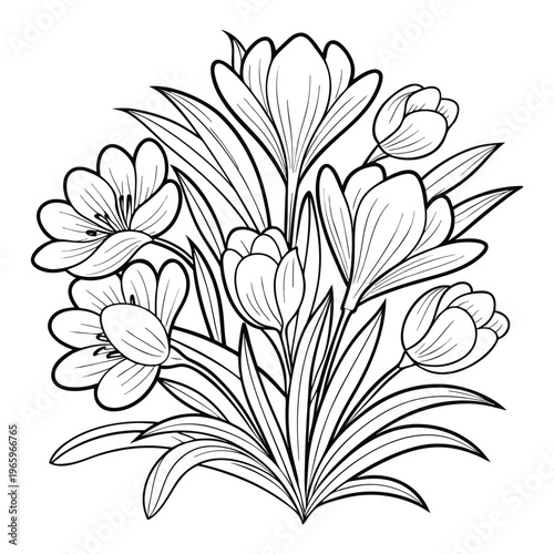 Elegant black and white line art illustration of a bouquet of spring flowers, featuring tulips and daffodils with long flowing leaves