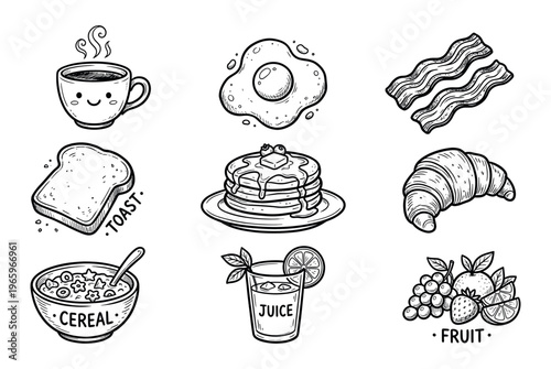 Hand drawn decorative icons breakfast . 
