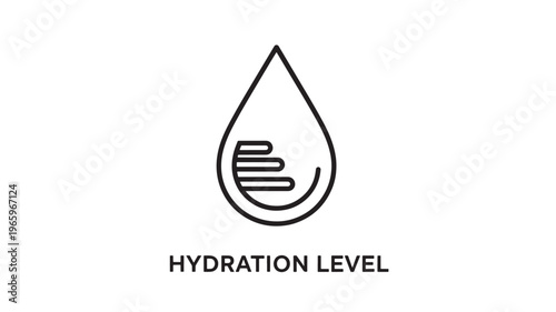 Clean, modern line art depicting hydration monitoring with a stylized water droplet and fluid level indicator. Ideal for health apps, wellness blogs, fitness trackers, and medical infographics.