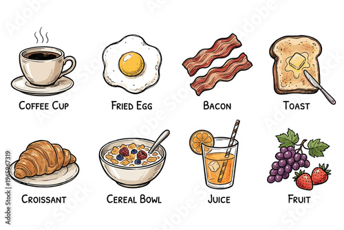 Hand drawn decorative icons breakfast . 
