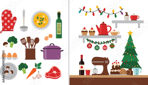 Kitchen cooking ingredients and utensils set with Christmas baking scene featuring a decorated tree mixer cakes oven mitt and fresh vegetables vector illustration.