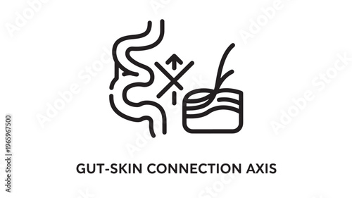 Clean black and white line art depicting the gut-skin connection axis, ideal for health, wellness, medical, and scientific educational materials or marketing campaigns.