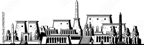 Thebes city silhouette with massive temple complexes, tall obelisks, and statues, ancient Egyptian architecture.