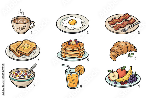Hand drawn decorative icons breakfast . 
