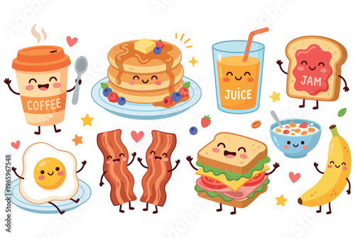 Hand drawn decorative icons breakfast . 
