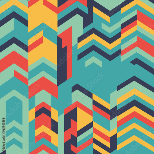 A colorful geometric pattern background with chevrons and rectangles, conveying a sense of modernity and creativity, perfect for design and marketing 